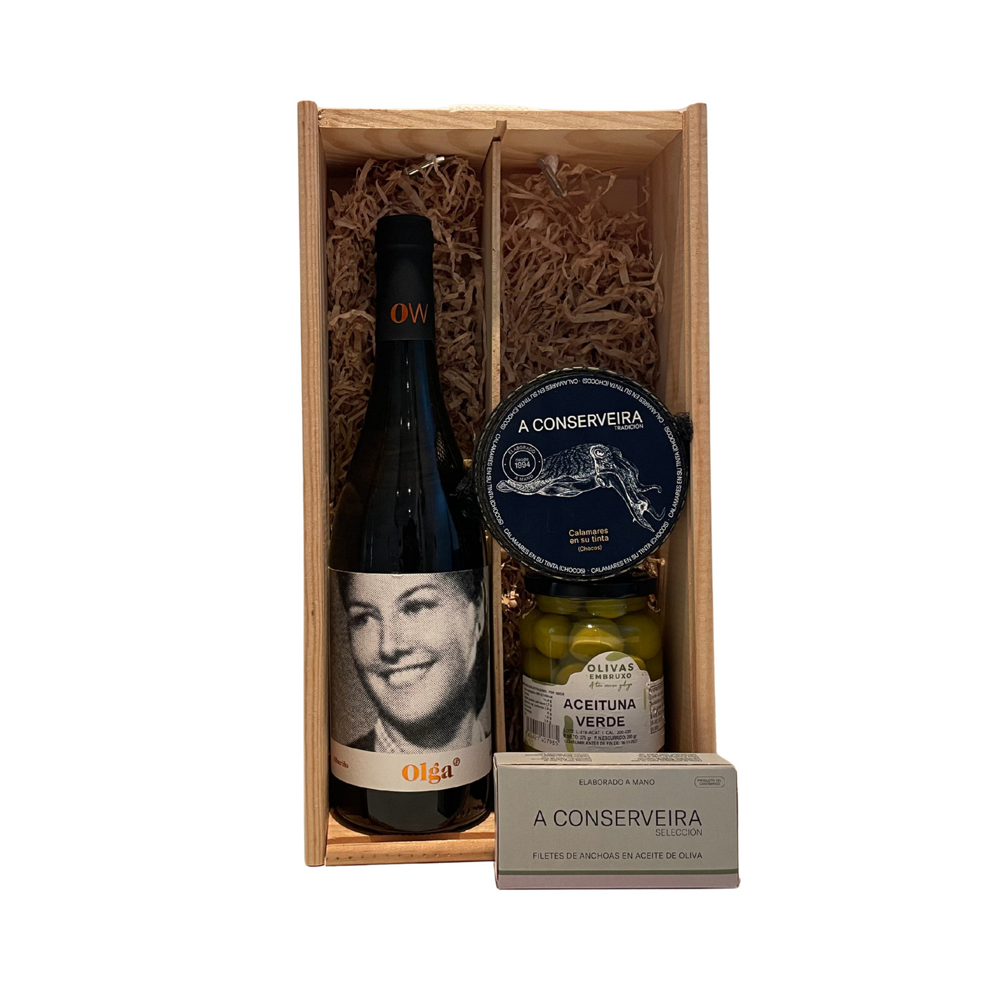 Lote de Navidad 2025 Caja de Madera 3 con productos gourmet gallegos dentro de la caja - Casa Canducho