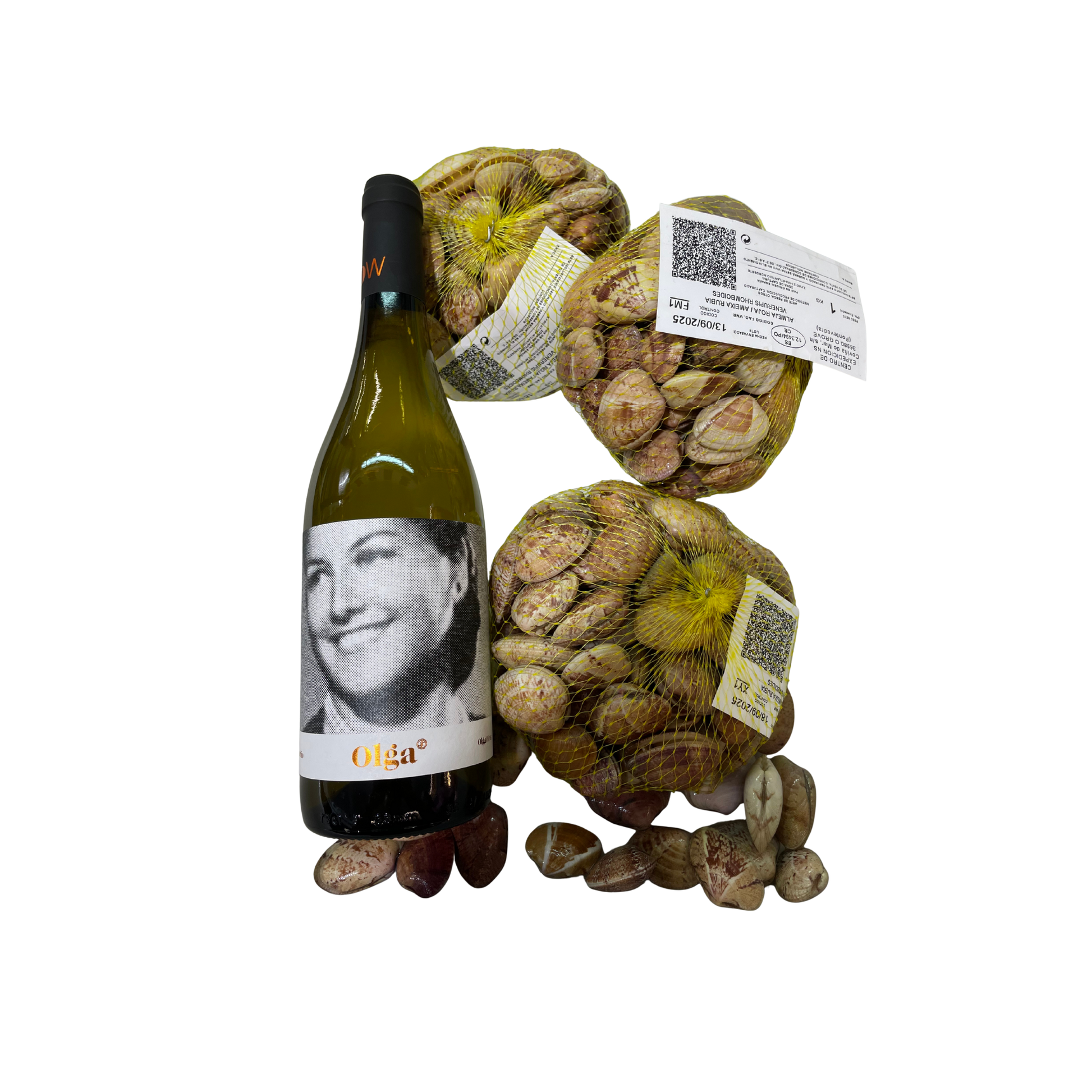 Almeja babosa gallega de la Lonja de O Grove con vino Albariño Olga – marisco fresco gallego Casa Canducho